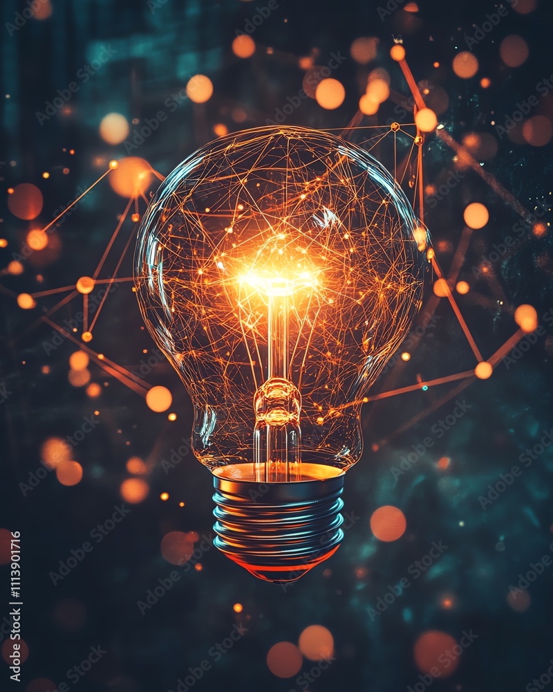 Poster a glowing light bulb surrounded by a network of digital connections