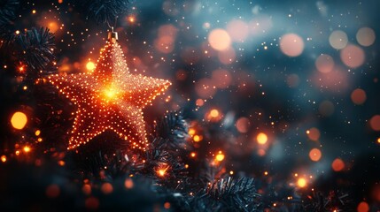 Golden Star Ornament on a Christmas Tree. Generative AI