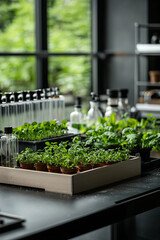laboratory filled with green plants in water, symbolizing growth and research