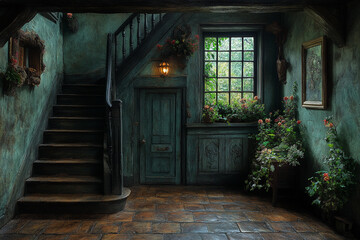 A Rustic Foyer With Wooden Staircase And Greenery