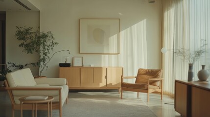 Fototapeta premium Modern Living Room Interior Design with Light Wood Furniture