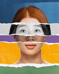 Torn paper collage made of different women face parts, creating abstract portrait of multicultural...