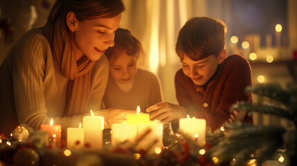 A family gathered around an Advent wreath at home, lighting a candle together with expressions of joy and reflection, symbolizing the start of the holiday season.