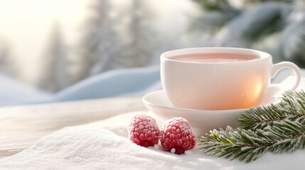 Cup of hot tea with frost-covered raspberries and evergreen branch on a snowy surface, outdoors in a winter forest setting, evoking warmth, coziness, and seasonal tranquility. Copy space
