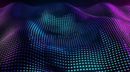 Obraz premium Abstract Digital Waves with Neon Dots and Gradient Colors in a Surreal Landscape Presentation