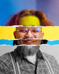 Vibrant torn paper collage made of different men face parts, creating abstract male multiethnic portrait on colorful backgrounds. Concept of human diversity, emotions, equality