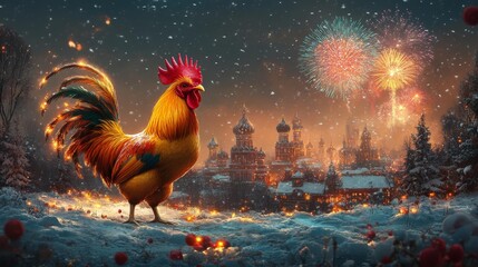Fototapeta premium Yellow Earth Rooster in Snowy Landscape. Generative AI