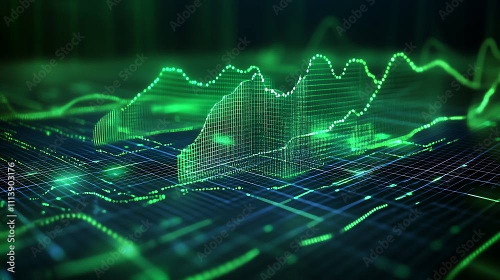 Poster abstract financial data visualization with green graphs and data points on a dark background