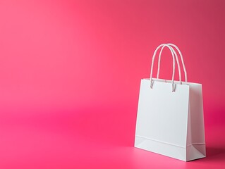 A single elegant white shopping paper bag placed on a radiant pink solid background