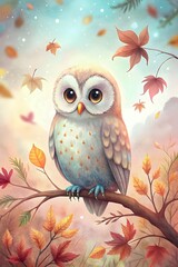 Fototapeta premium Charming Colorful Owl Sitting Branch Fall Leaves Background