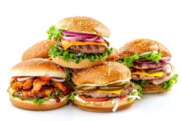 Fast food Burger  Chicken  Meat  Different type of sandwiches on a white background.