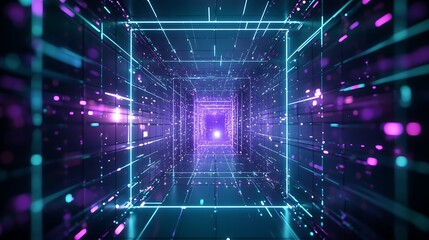 Obraz premium Abstract futuristic corridor filled with glowing particles and vibrant neon lights in a digital landscape