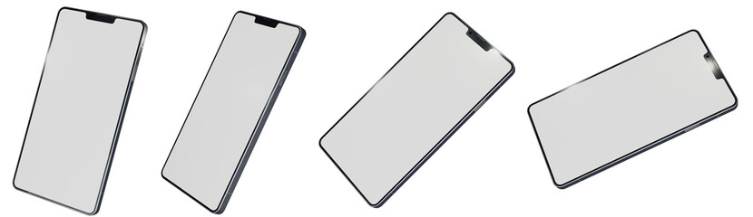 Set of Smartphone mockup 3D rendering blank white screen on a transparent background. View from the top by 25 degrees rotation on the X-axis, and minus 15 to 65 degrees rotation on the Z-axis.