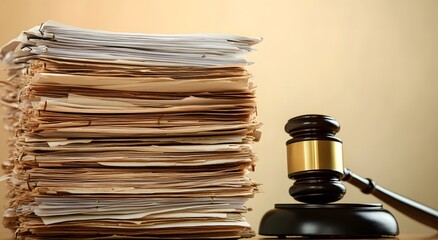 A wooden gavel stands next to a large stack of documents and court papers representing the law. And it enhances the legal process.
