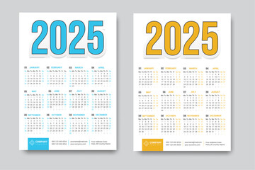 English Annual Calendar 2025 in modern layout, New Year calendar week starts on Sunday, Week Starts on Monday.