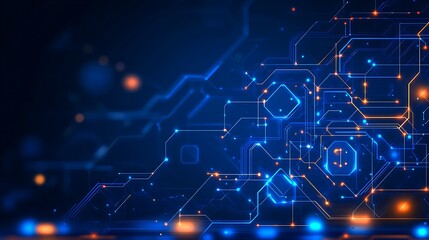 Obraz premium Abstract futuristic technology background with glowing lines, dots, and shapes in blue and orange hues