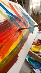 Artist painting vibrant rainbow strokes on canvas, expressing creativity and passion in a bright studio
