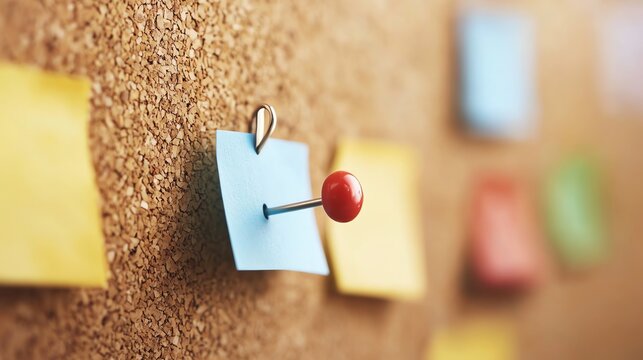 Close up of a red push pin holding a blue sticky note on a cork board.