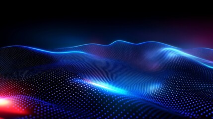 Abstract glowing wave pattern with neon lights and dots on a dark background for digital design projects