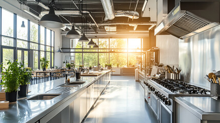 Fototapeta premium Modern, sunlit commercial kitchen with stainless steel appliances