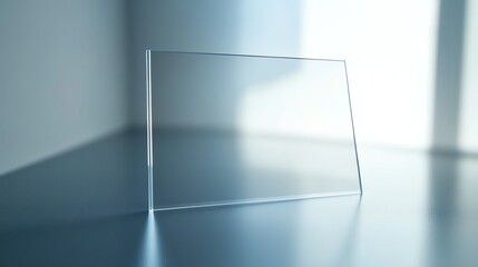 A transparent glass rectangle stands on a blue surface.