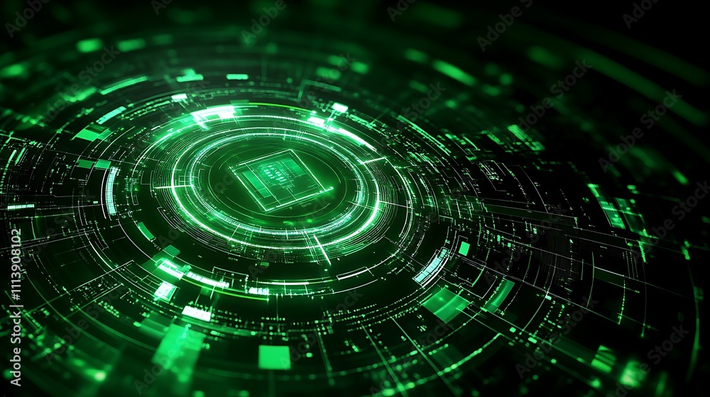 Poster abstract green digital technology background with circular patterns and data visualization elements