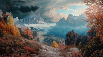 A breathtaking landscape showcasing autumn colors in a mountainous region under dramatic skies.