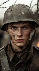 Naklejka premium Wwi soldier in trenches with steel helmet and mudsmeared uniform