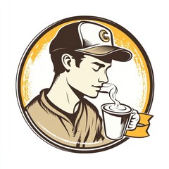 Man enjoying a hot coffee in a vintage style illustration.