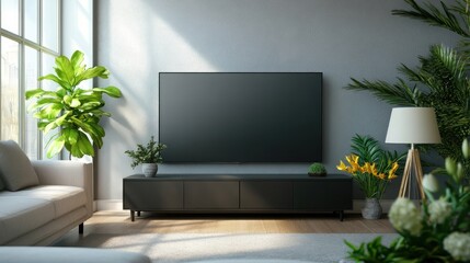 Modern living room with a TV, plants, and cozy furniture creating a relaxing atmosphere.