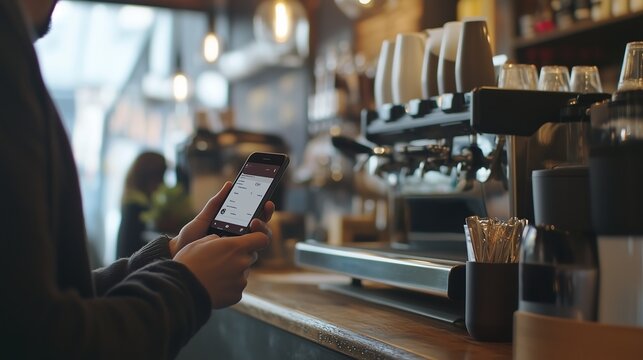 Individual using smartphone to order coffee at a cafe during morning rush
