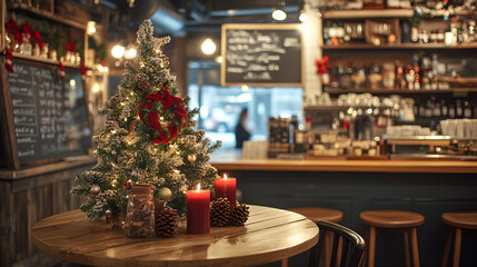 Fototapeta premium Christmas Decor in a Rustic Coffee Shop
