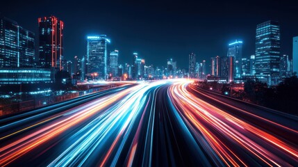 Night Cityscape: Vibrant Lights and Speed on Urban Highway
