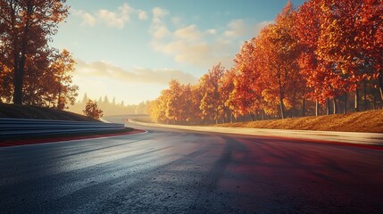 Empty race track ground and beautiful colorful forest landscape in autumn.