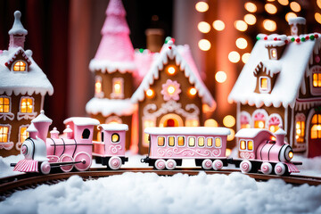 Obraz premium Festive gingerbread train and houses with glowing lights.