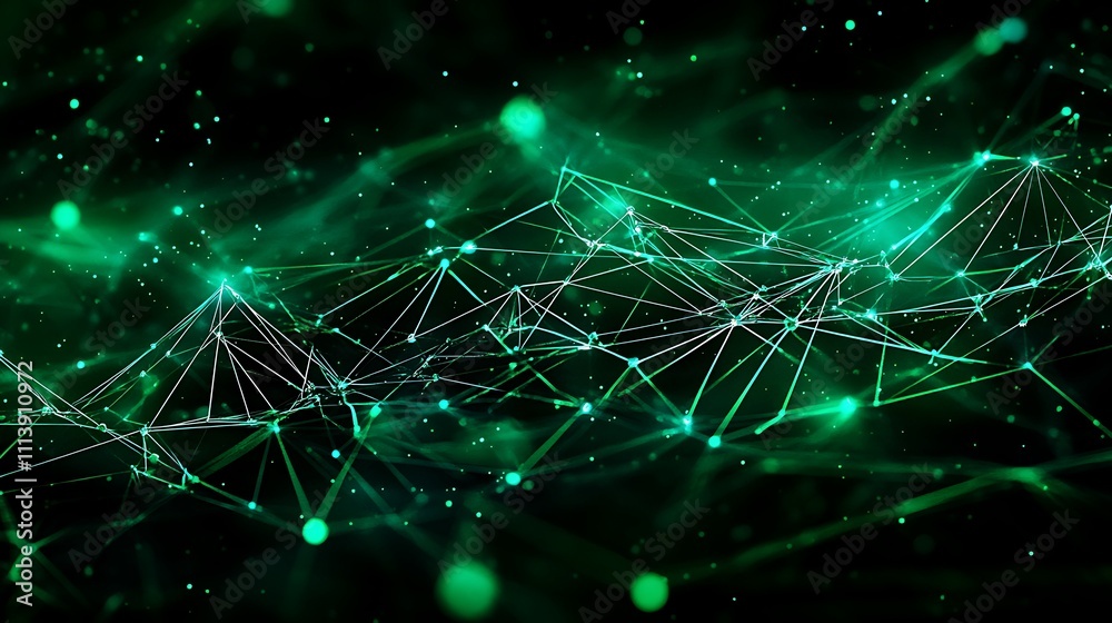 Poster abstract network connections in green color against black background with dynamic visualization of d