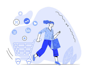 Advertising banner with woman pushing shopping cart, flat vector illustration isolated on white. Banner design for sales promotion.