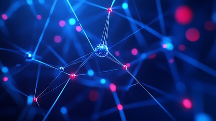 Abstract Representation of a Complex Network with Bright Nodes and Lines in Blue and Red Color Palette