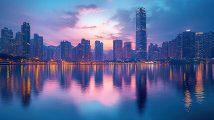 Obraz premium Cityscape at sunset, reflected in calm water.