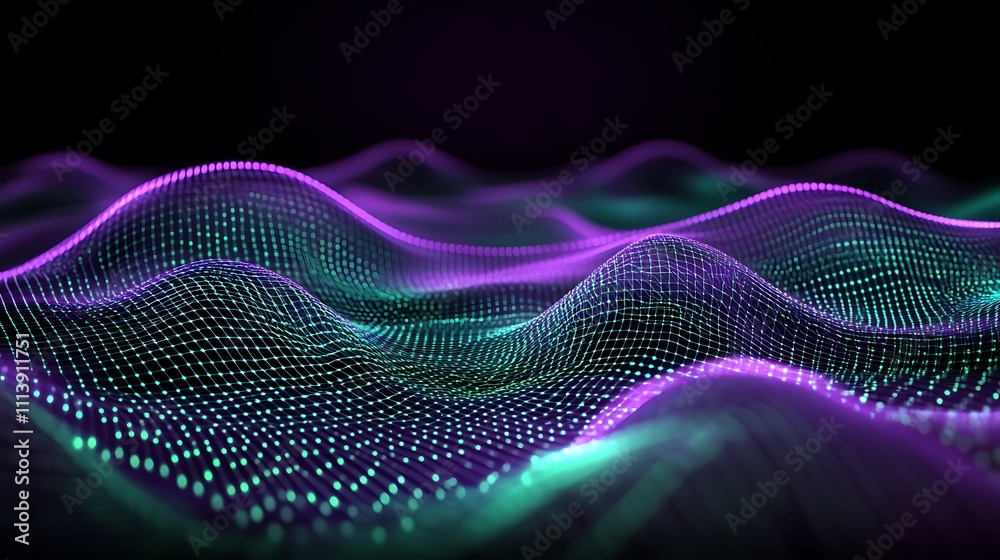 Poster abstract representation of flowing waves with colorful glowing dots and lines in a dark background