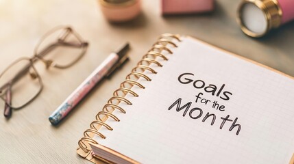 A planner with monthly goals and stationery on a work desk.