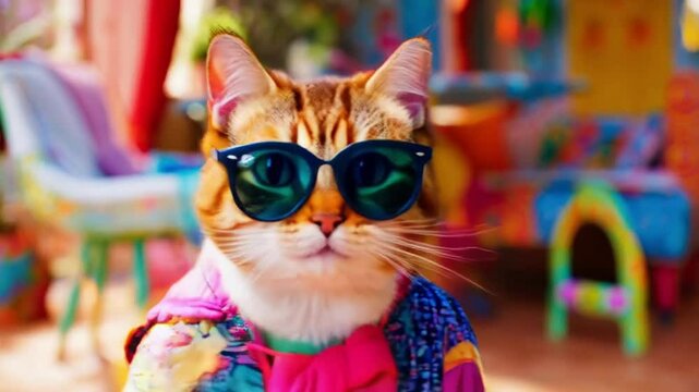 A playful and stylish cat wearing sunglasses and a colorful clothes, dancing. This vibrant and humorous image captures the quirky personality of cats and brings a smile with its bright colors and whim