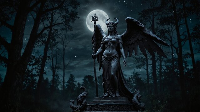 Statue of Lilith, the goddess of darkness, holding a magical staff, set against a night sky and dark forest, with wisdom and darkness symbols carved on the base.