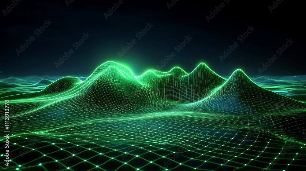 Poster abstract visualization of green neon waves with grid pattern and illuminated background in dark envi