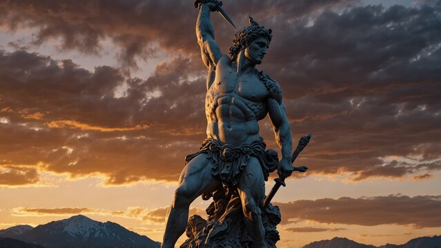 Statue of Perseus, wearing Medusa's head, holding a sword, set against shattered mountains and the sunset, with wisdom and courage symbols carved on the base.