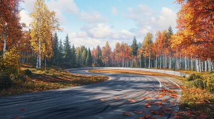 Obraz premium Empty race track ground and beautiful colorful forest landscape in autumn.