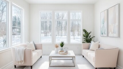 Fototapeta premium Bright and airy living room with modern furniture and natural light.