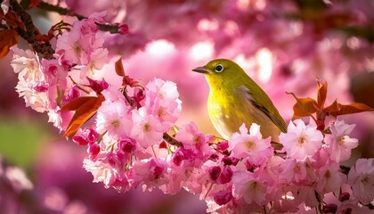春の桜の木にとまるメジロのイメージ