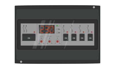 Circuit breaker box with semi transparent door. Black switchboard with installed voltage relay and circuit breakers