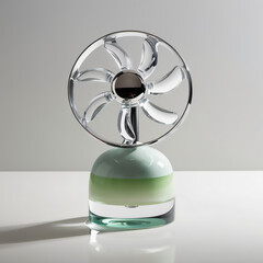 Glass Desk Fan Sculpture, Transparent Glass with Green Gradient, Modern Design, Generative Ai